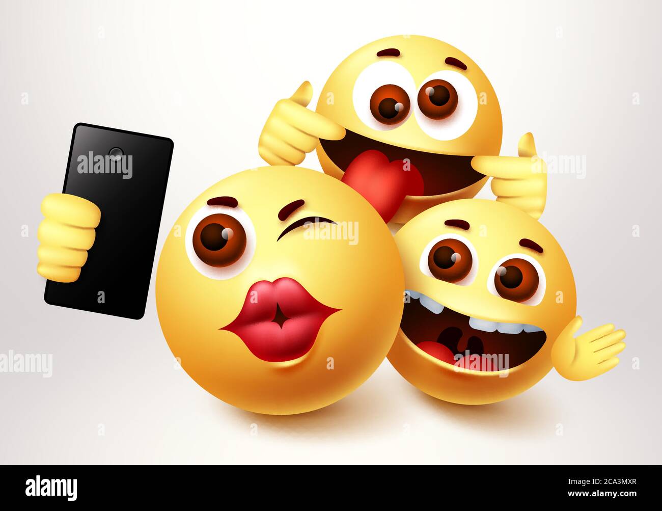 Emoji smiley selfie amici che prendono i caratteri vettoriali di groupie. Emoticon smiley di amicizia emoticon in felice sorridente, divertente e baciante viso Illustrazione Vettoriale