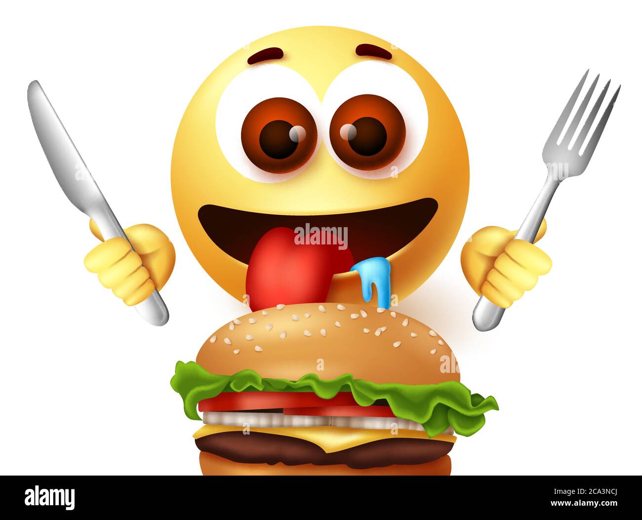 Emoji smiley mangiare hamburger carattere vettore disegno. Emoji smiley ...