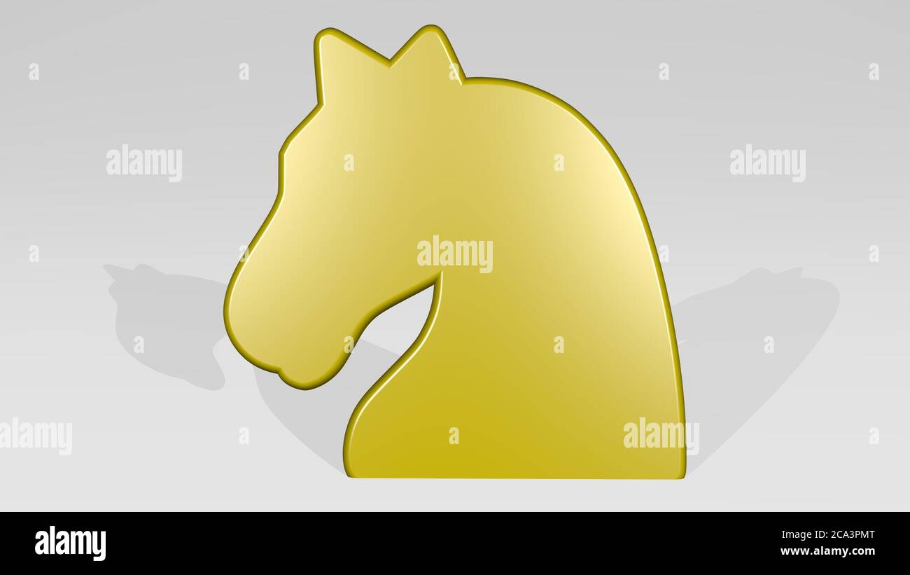 cavallo di scacchi da una prospettiva con l'ombra. Una scultura spessa realizzata in materiali metallici di rendering 3D, illustrazione e sfondo Foto Stock