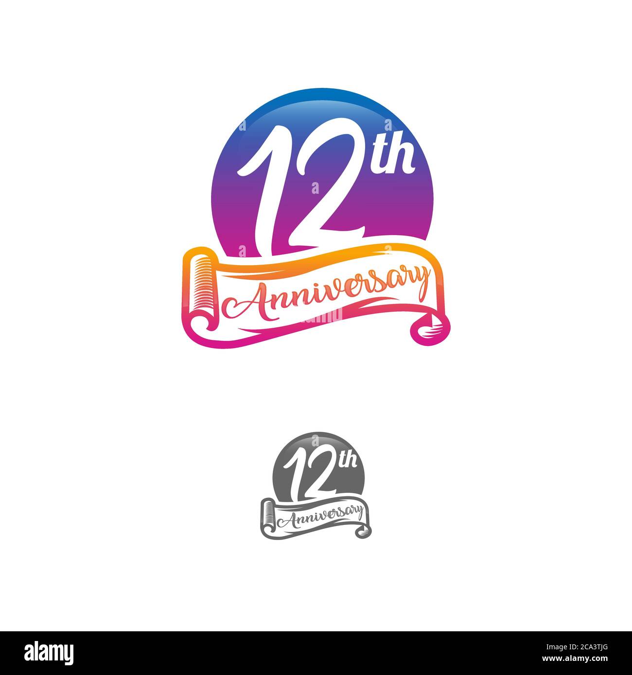 12 anni modello di logo anniversario isolato su bianco, nero e bianco timbro 12 ° anniversario etichetta icona con nastro Illustrazione Vettoriale