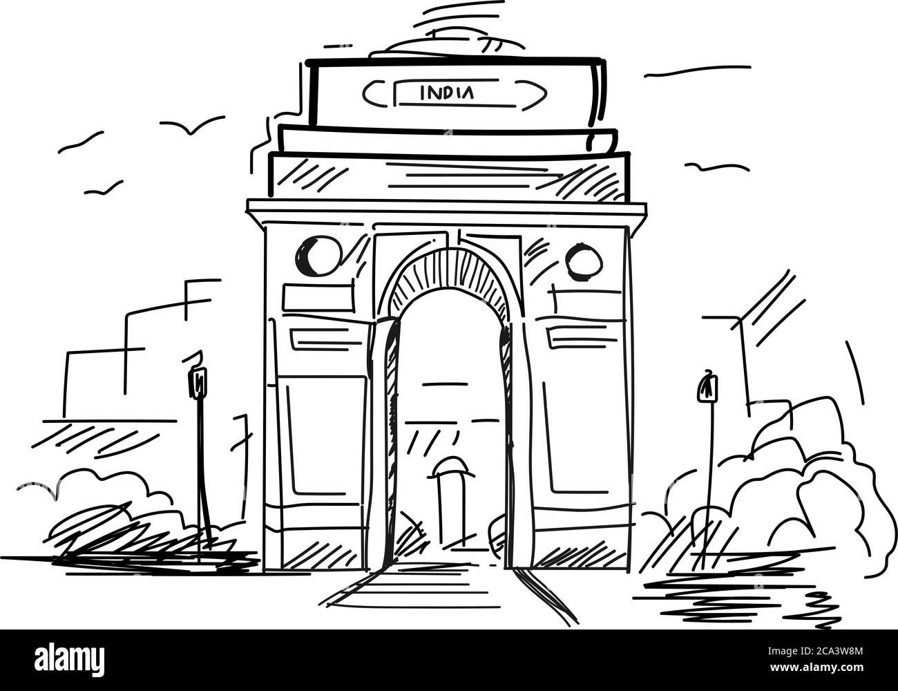 Disegno a matita disegnato a mano di India Gate a Nuova Delhi in illustrazione vettoriale. Arco trionfale. Monumento commemorativo di guerra. Piatto. Figura. Design. 3D. Art. Foto Stock