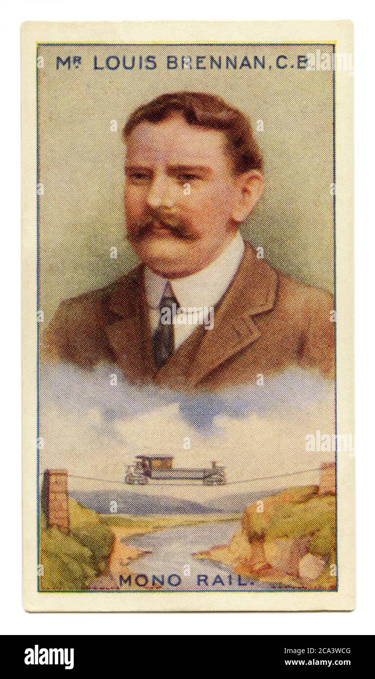 Una vecchia scheda di sigaretta (c.. 1929) con un ritratto di Luigi Brennan CB (1852–1932) e un'illustrazione del suo treno monorotaia. Brennan era un ingegnere e inventore meccanico irlandese-australiano. La monorotaia giroscopica, la monorotaia giroscopica, la monorotaia girostabilizzata, o la girocar sono termini per un veicolo monorotaia che utilizza l'azione giroscopica di (solitamente due) ruote girevoli per superare l'instabilità inerente di equilibratura su una singola rotaia. La monorotaia giroscopica non è mai stata sviluppata oltre la fase del prototipo e l'illustrazione qui è puramente una visione fantasy di che cosa potrebbe essere. Foto Stock