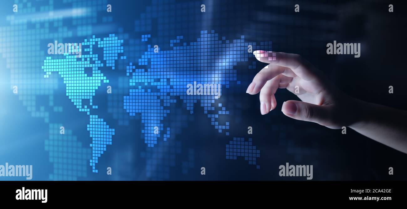 Ologramma mappa mondiale su schermo virtuale. Concetto globale di business e tecnologia delle telecomunicazioni Foto Stock