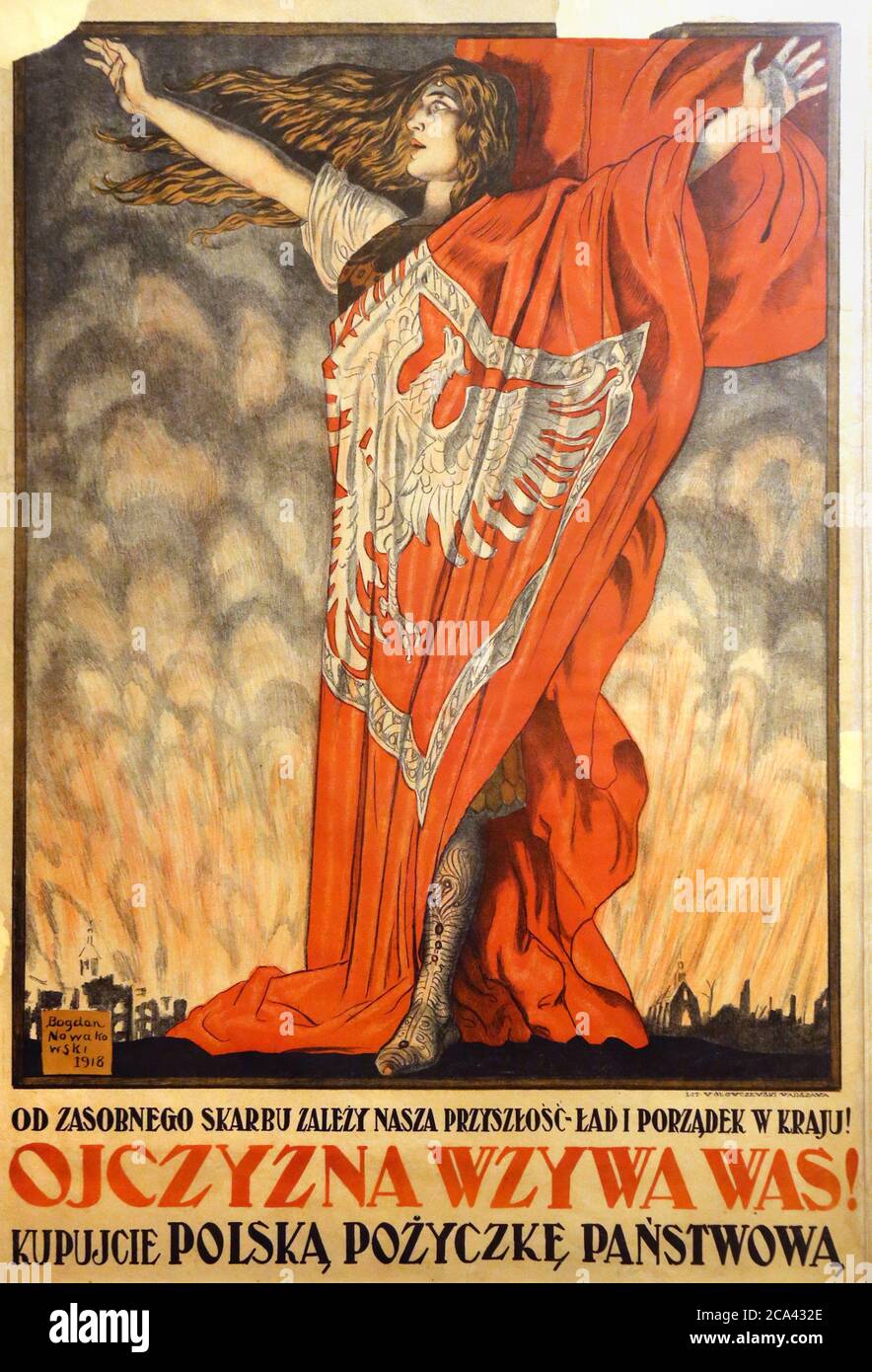 La propaganda polacca-sovietica del 1920 poster.Polacco 'la Patria sta chiamando! Iscriviti al prestito statale polacco!". Artista Bogdan Nowakowski. Foto Stock