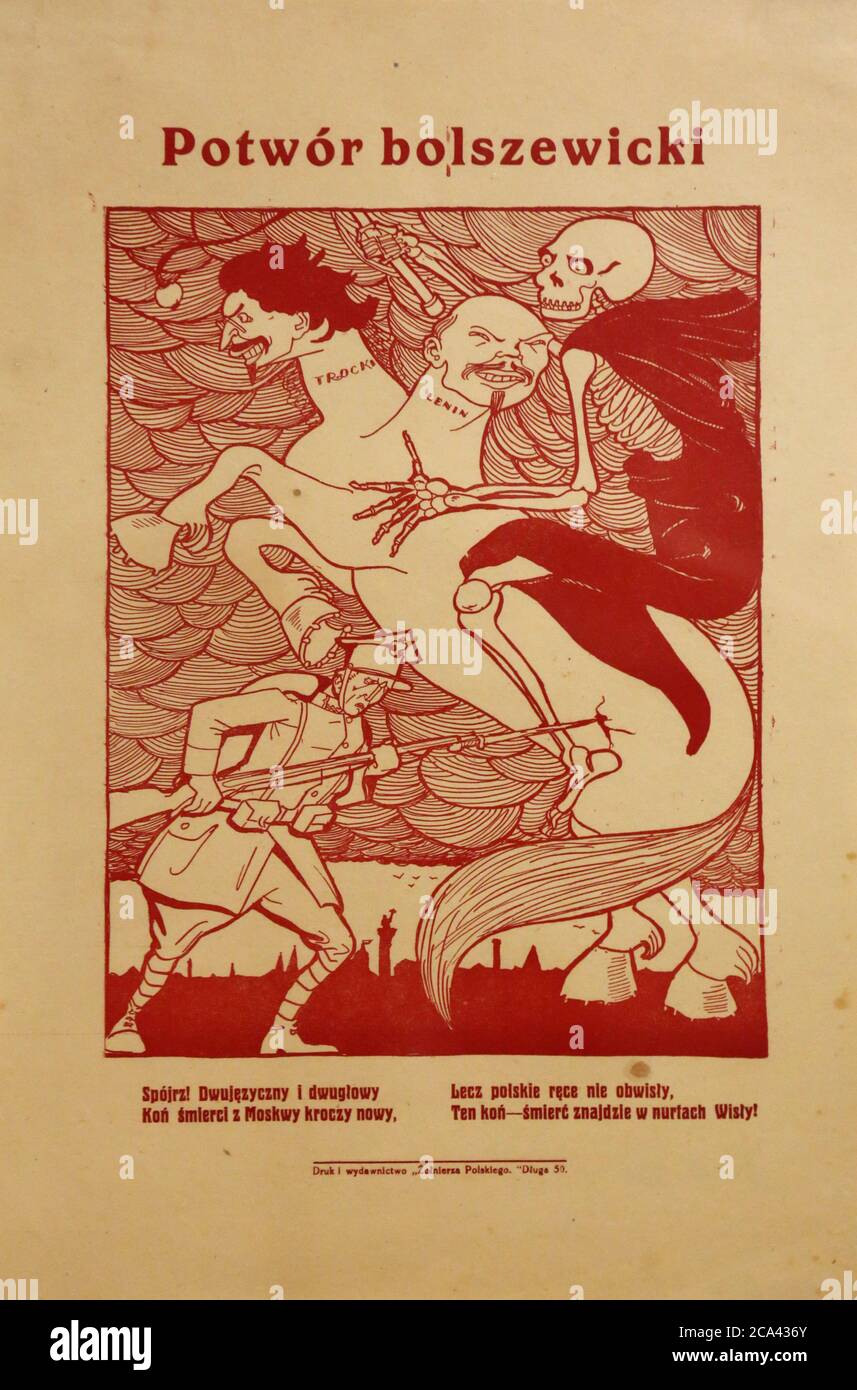 Il manifesto della propaganda di guerra polacco-sovietica del 1920. Poster polacco "il mostro bolscevico" con caricature di Trotsky e Lenin. Foto Stock