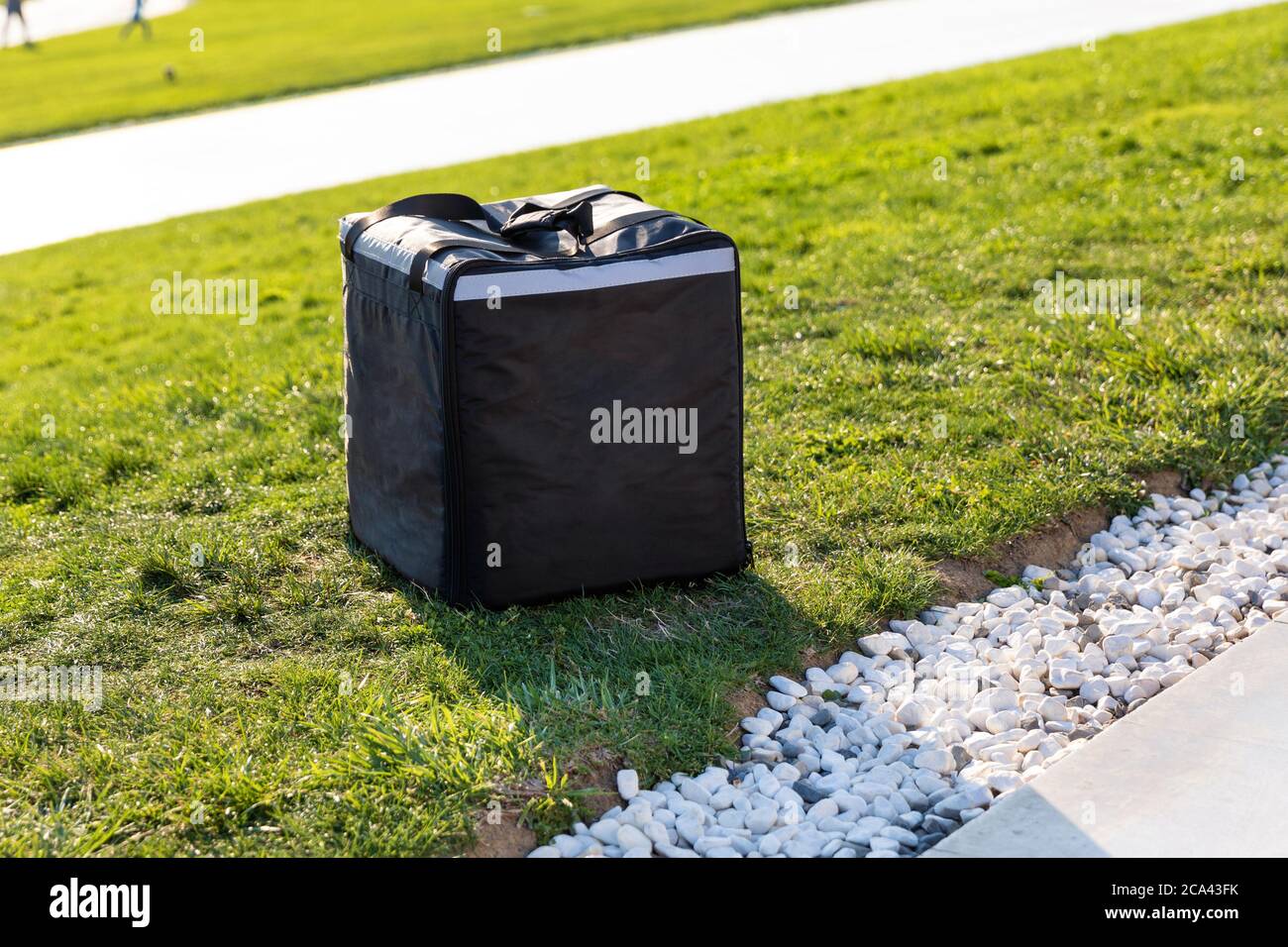 Zaino, sacchetto di corriere sull'erba verde Foto Stock