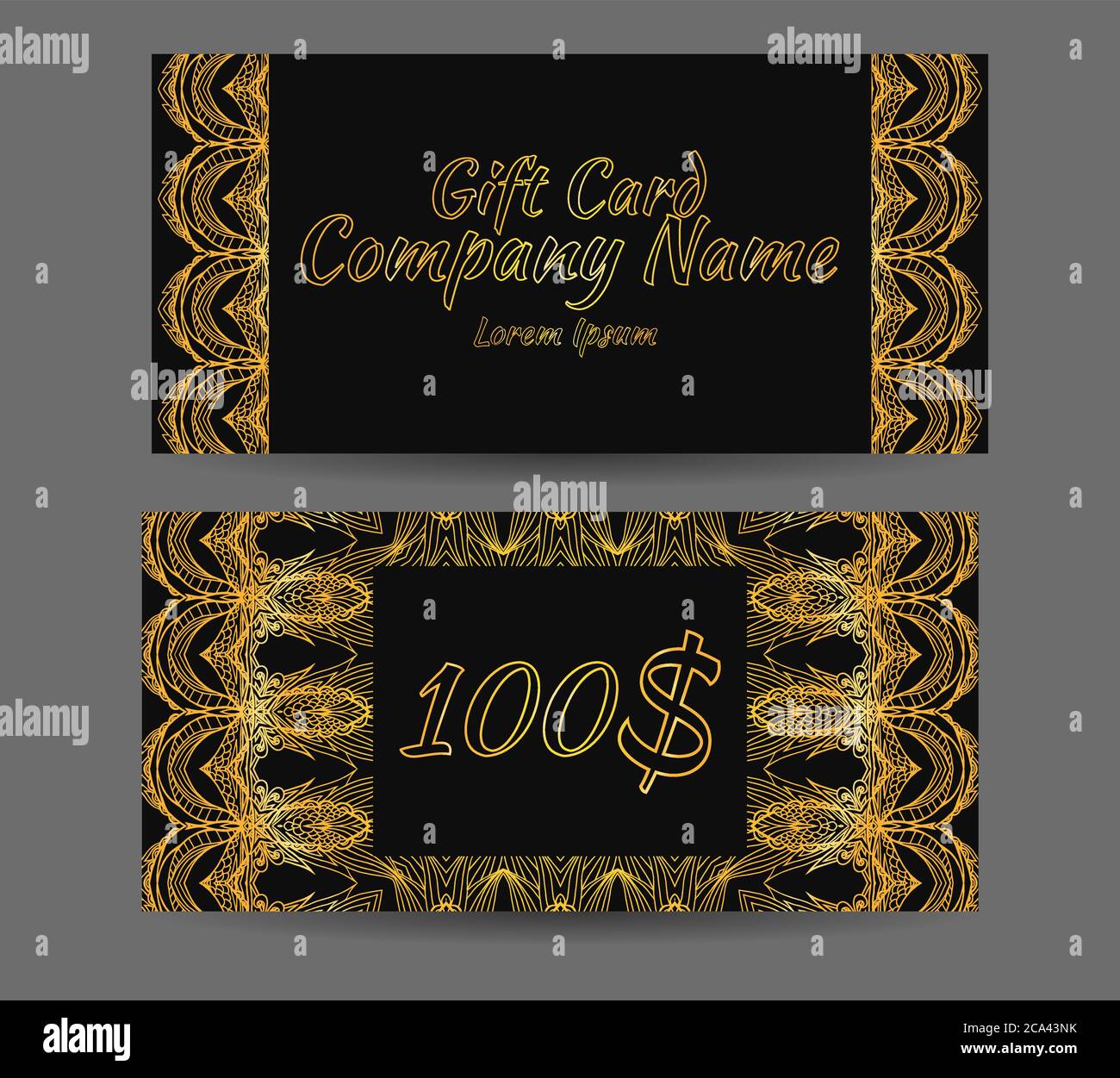 Modello di certificato regalo per studio yoga, centro termale, sala massaggi, salone di bellezza. Astratto stile di lusso d'oro stile jazz età Illustrazione Vettoriale