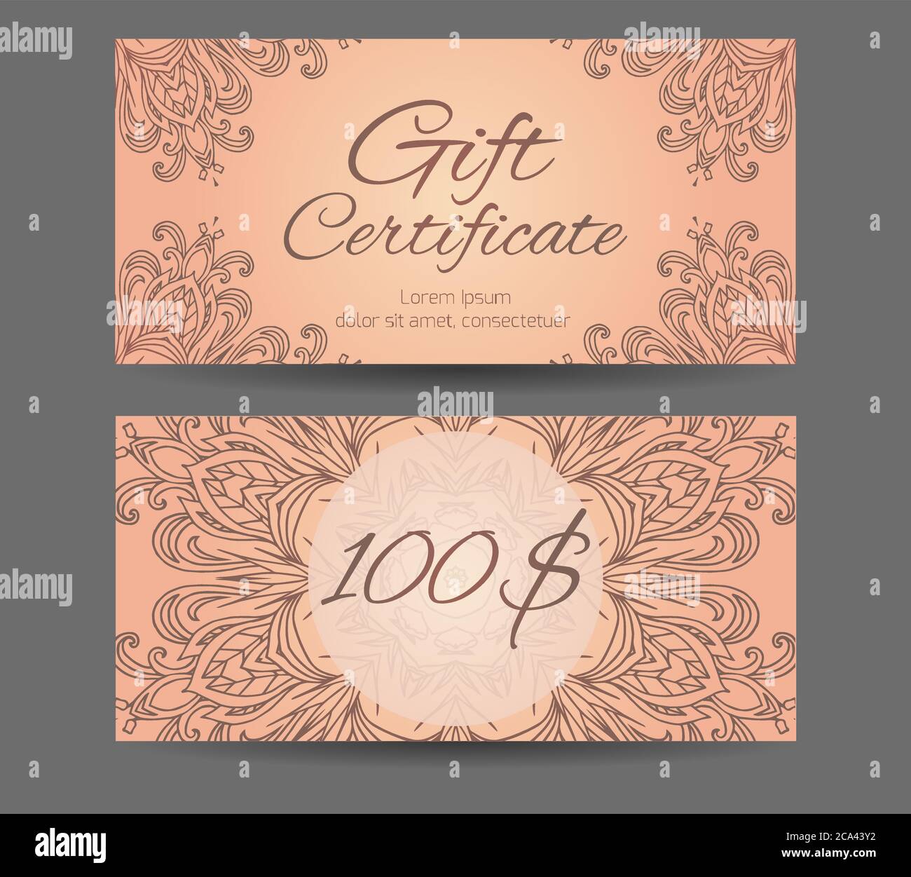 Modello di certificato omaggio per studio yoga, centro termale, sala massaggi, salone di bellezza. Modello astratto mandala Illustrazione Vettoriale