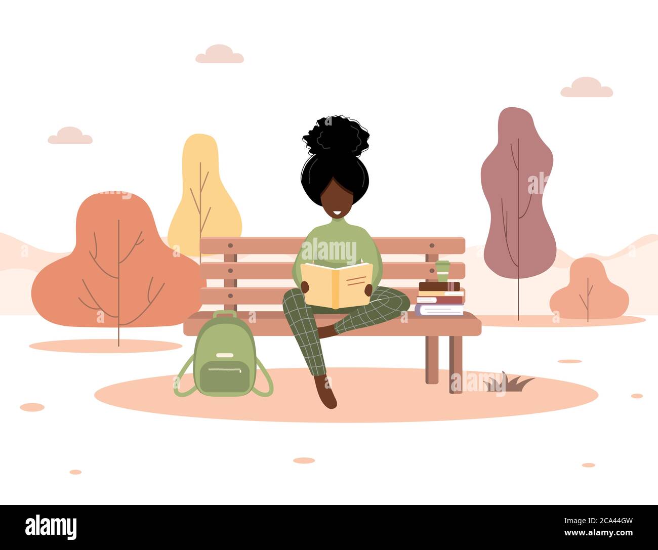 Sfondo autunno. Ragazza africana con libro seduto su panchina nel parco. Illustrazione concettuale per lo studio. Illustrazione vettoriale in stile piatto. Illustrazione Vettoriale