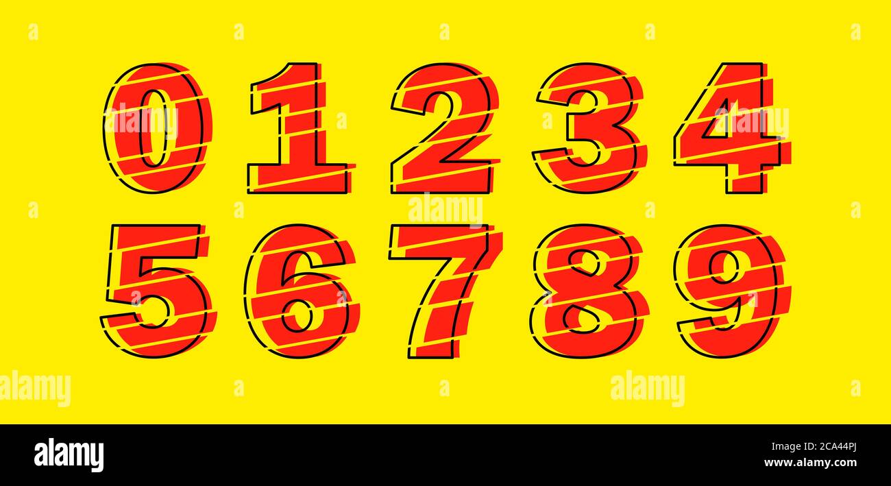 Set di dieci numeri da zero a nove. Glitch elementi di progettazione dei numeri vettoriali rossi moderni. Numeral Vector stile trendy Flat Line. Elementi vettoriali illustrazione Illustrazione Vettoriale