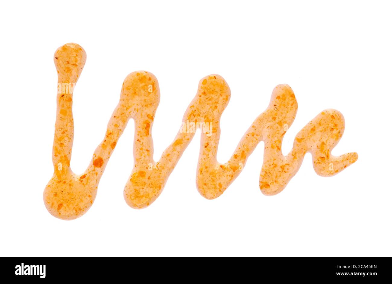 Arancione spessa marmellata di gocce, isolato su sfondo bianco. Marmellata di mandarini, confettura di fibbie marine, gocce di condimento. Vista dall'alto. Foto Stock