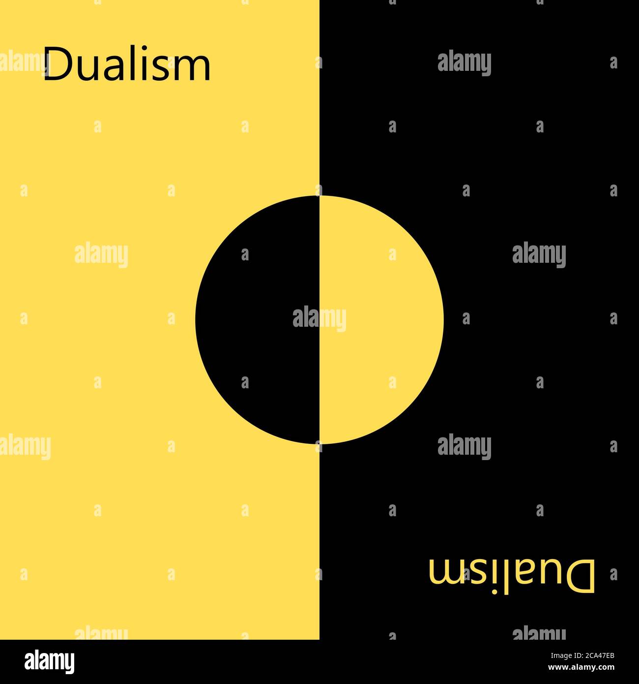 La togetherness degli opposti su sfondo nero e giallo. Disegno icona dualismo. Foto Stock
