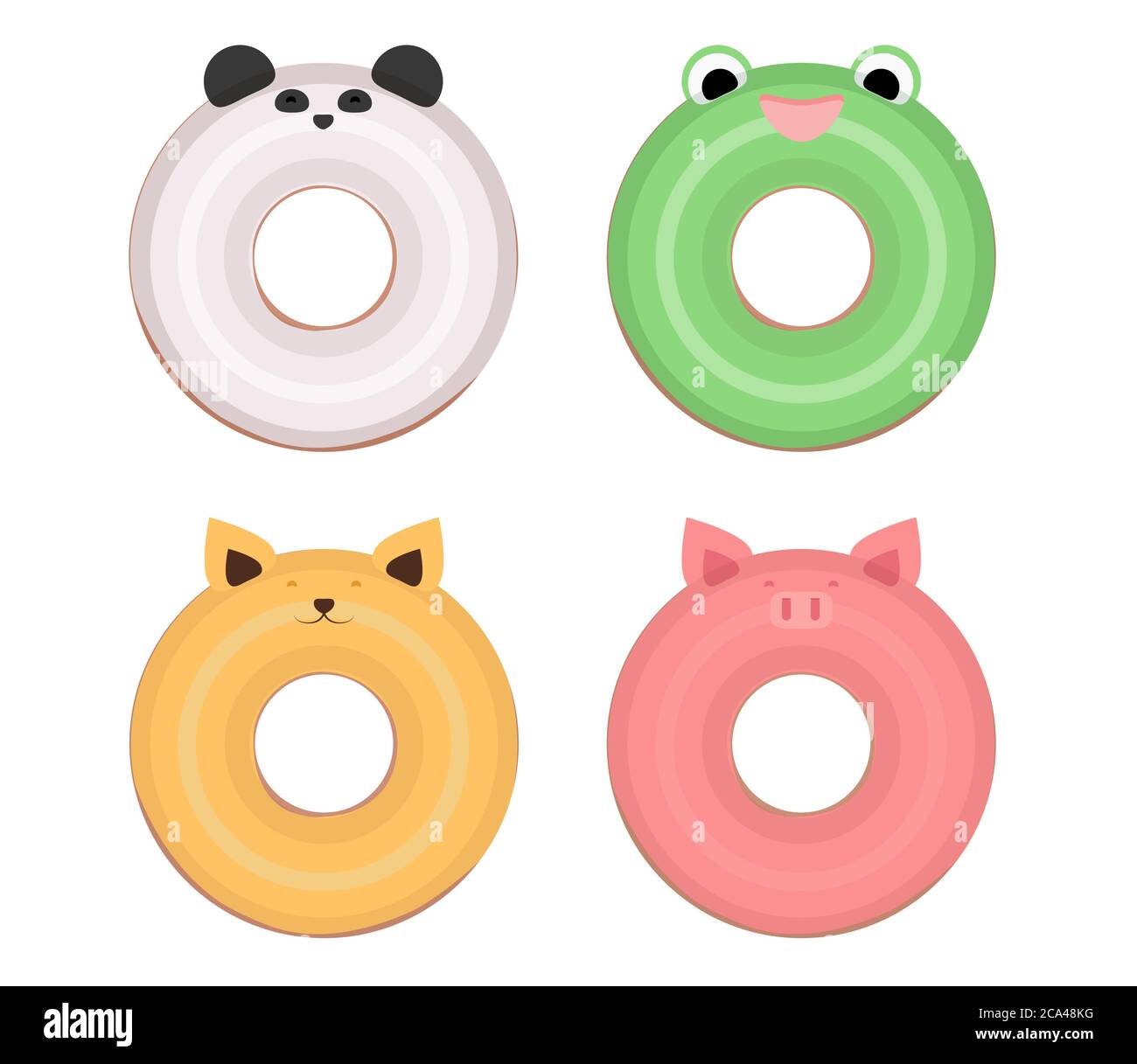 Set piatto illustrazione ciambelle con muso di animali. Elemento vettoriale separato dallo sfondo. Illustrazione Vettoriale