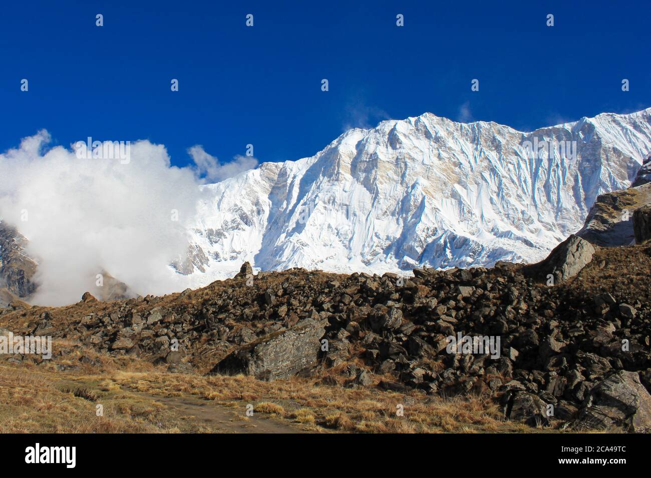 Annapurna Sud otto millesimi in Nepal Himalaya all'alba dal campo base Annapurna Foto Stock