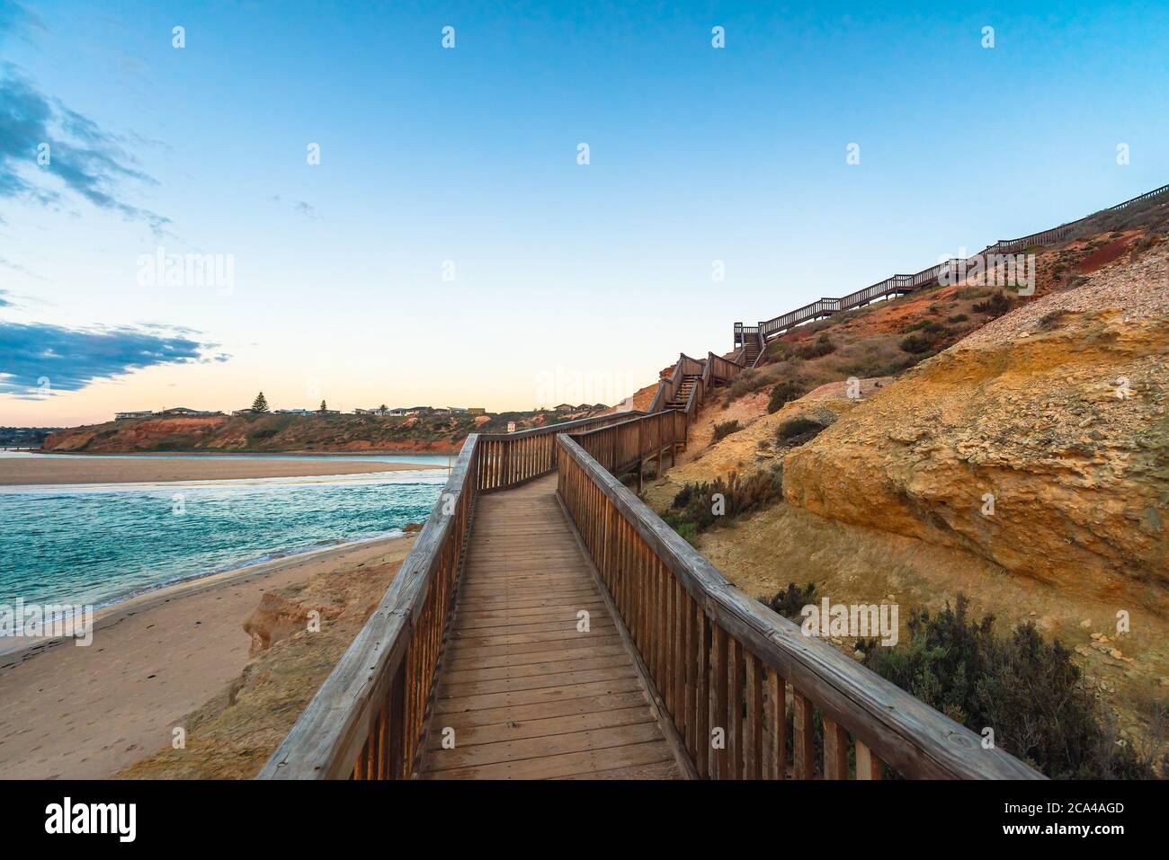 South Port Beach Boardwalk al tramonto, Port Noarlunga, Australia Meridionale Foto Stock