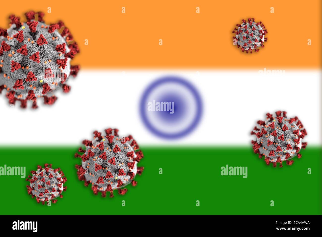 Concetto di Coronavirus o Covid-19 particelle in ombra bandiera offuscata dell'India in background. Foto Stock