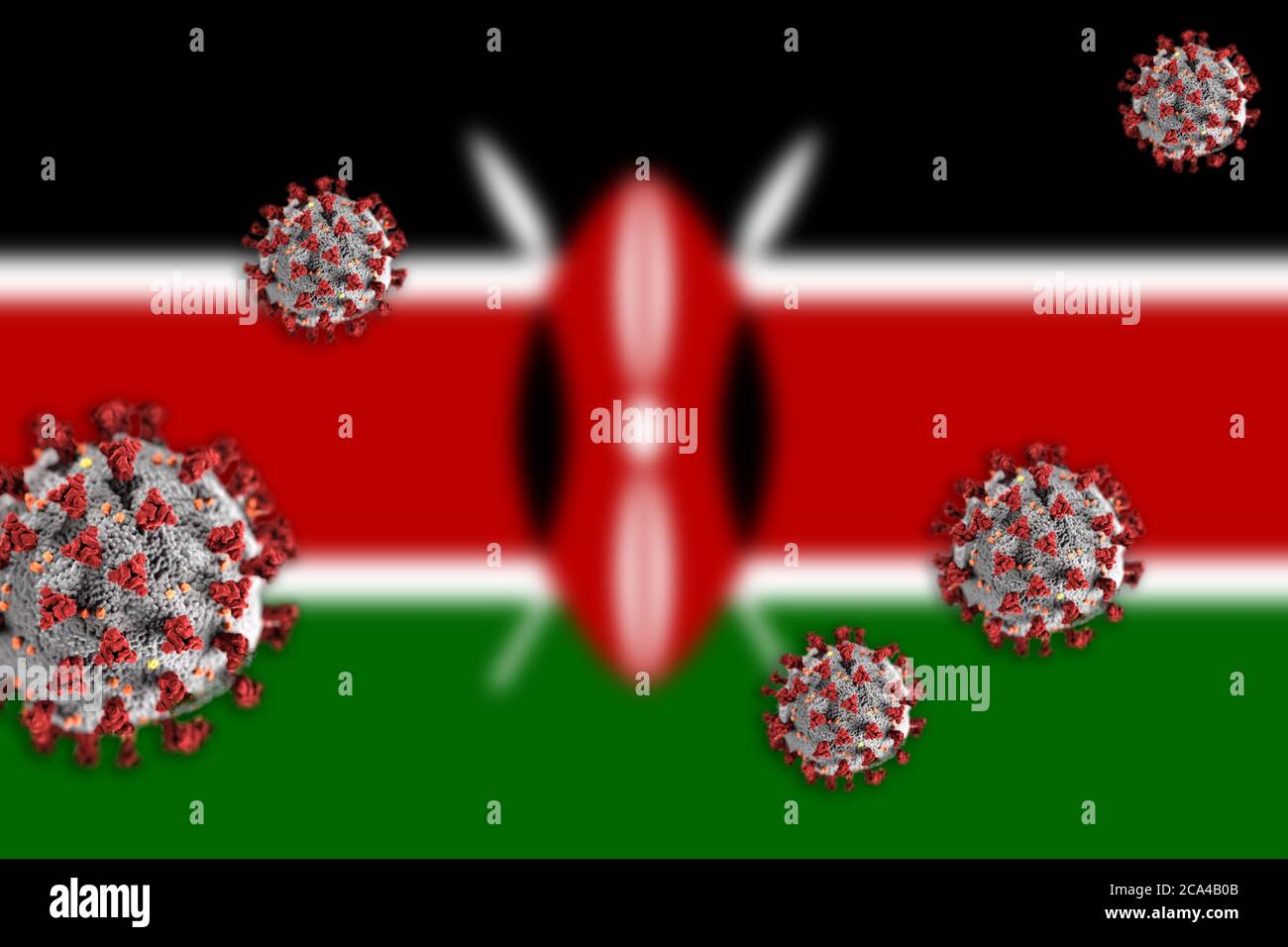 Concetto di Coronavirus o Covid-19 particelle che oscilla bandiera offuscata di Kenia in background. Foto Stock