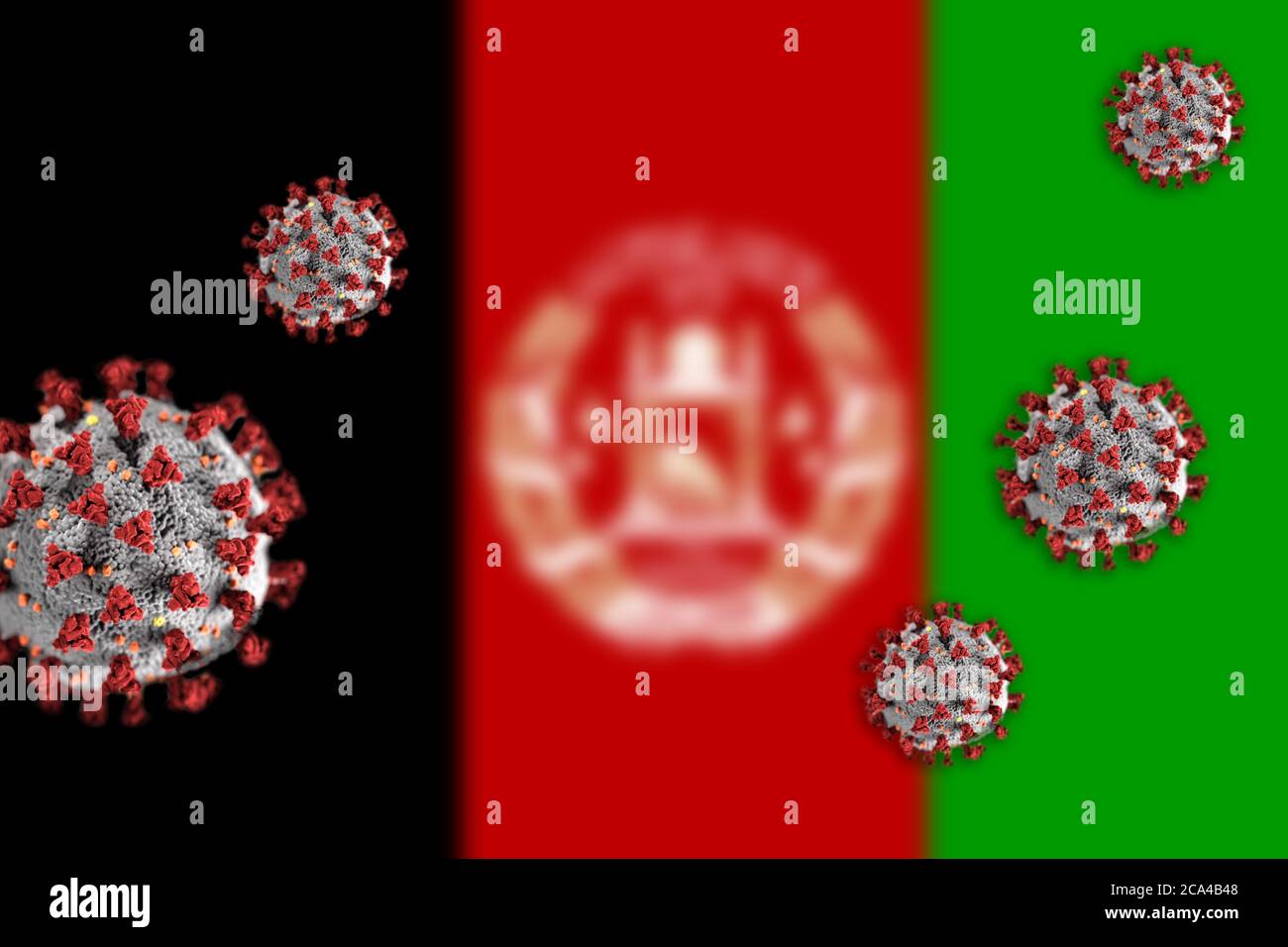 Concetto di Coronavirus o Covid-19 particelle che oscilla bandiera offuscata dell'Afghanistan in background. Foto Stock