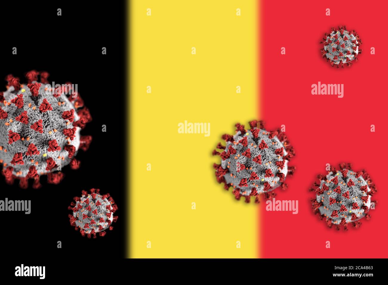 Concetto di Coronavirus o Covid-19 particelle che oscilla bandiera offuscata del Belgio sullo sfondo. Foto Stock