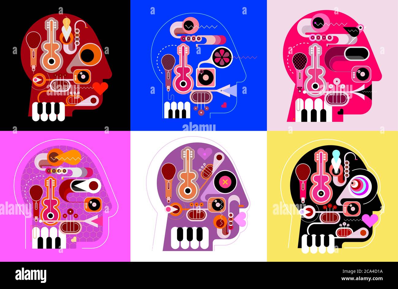 Sei disegni a forma di testa umana costituiti da un diverso strumento musicale illustrazione vettoriale. Illustrazione Vettoriale