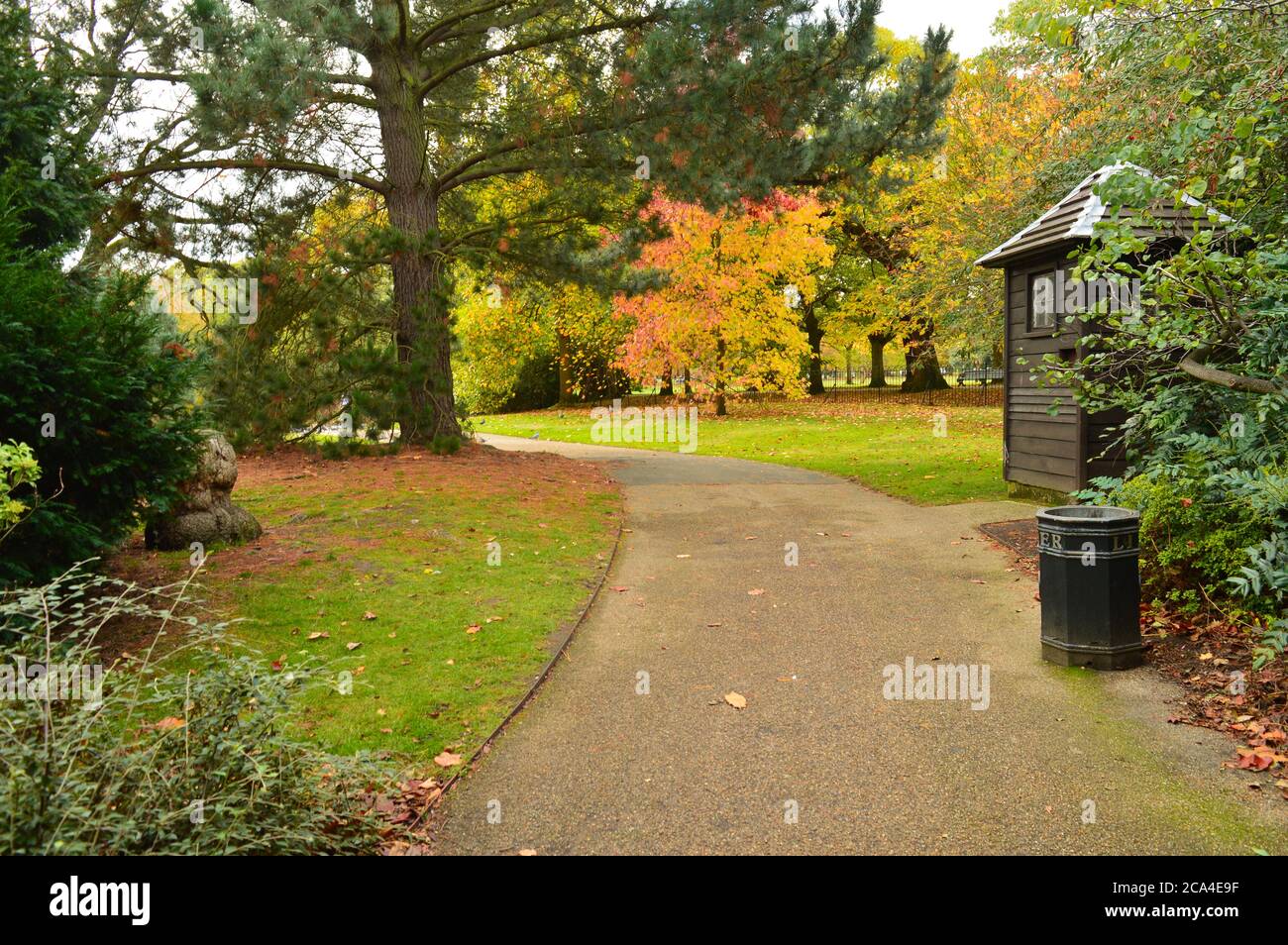 percorso in un parco con alberi e una piccola casa di legno Foto Stock