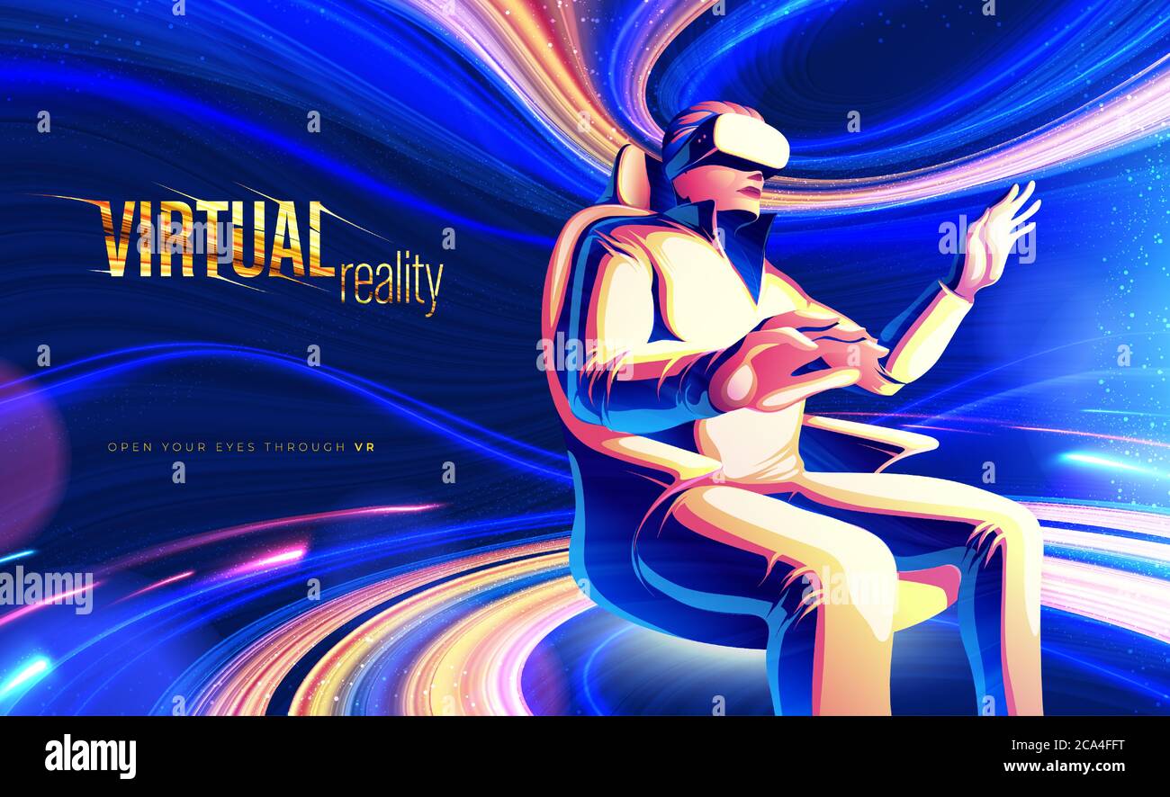 Il design a tema della realtà virtuale, con l'uomo che indossa il visore VR, ti consente di scoprire il mondo digitale nell'illustrazione vettoriale Illustrazione Vettoriale