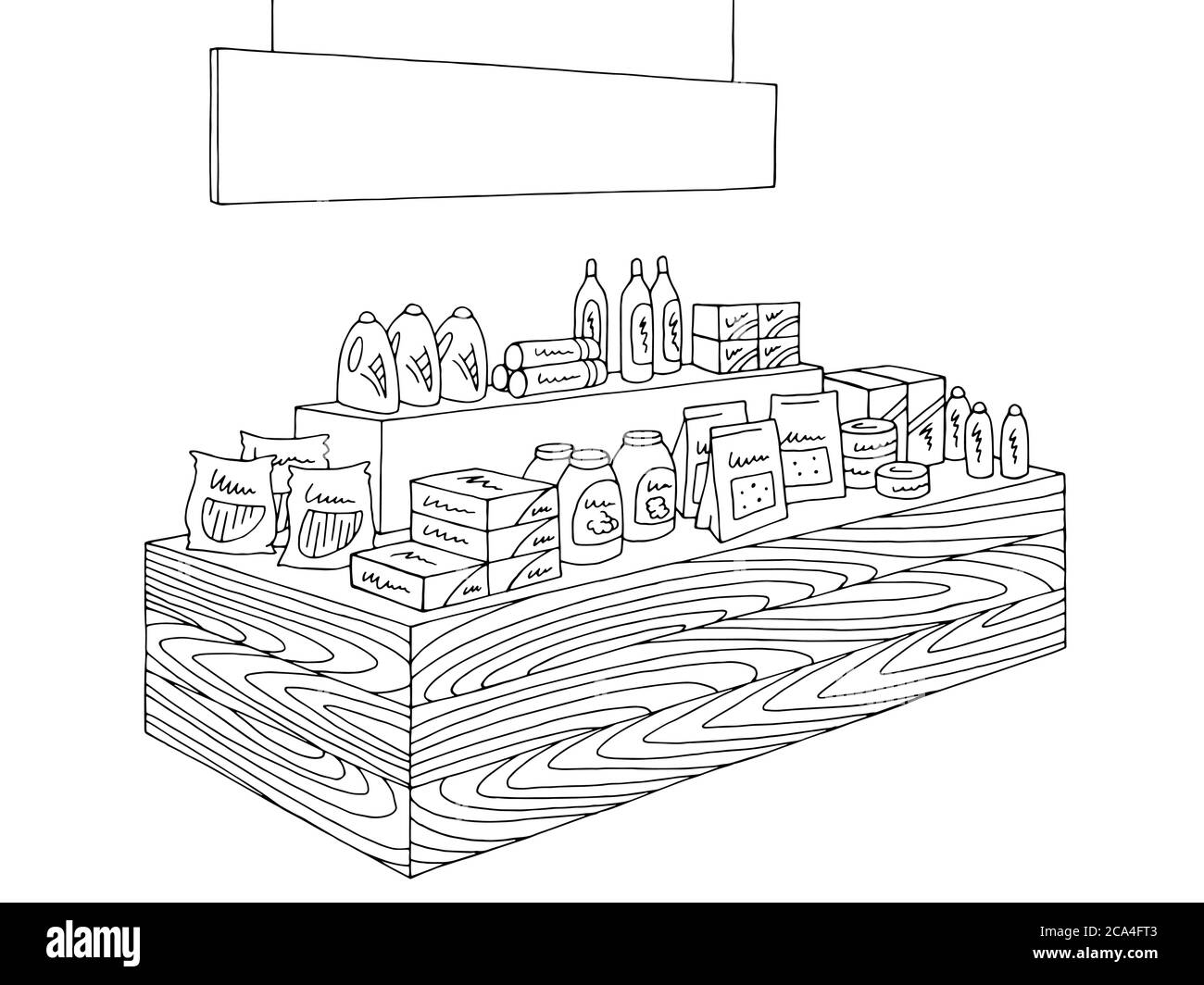 Negozio di alimentari interni nero bianco grafico disegno vettore illustrazione Illustrazione Vettoriale