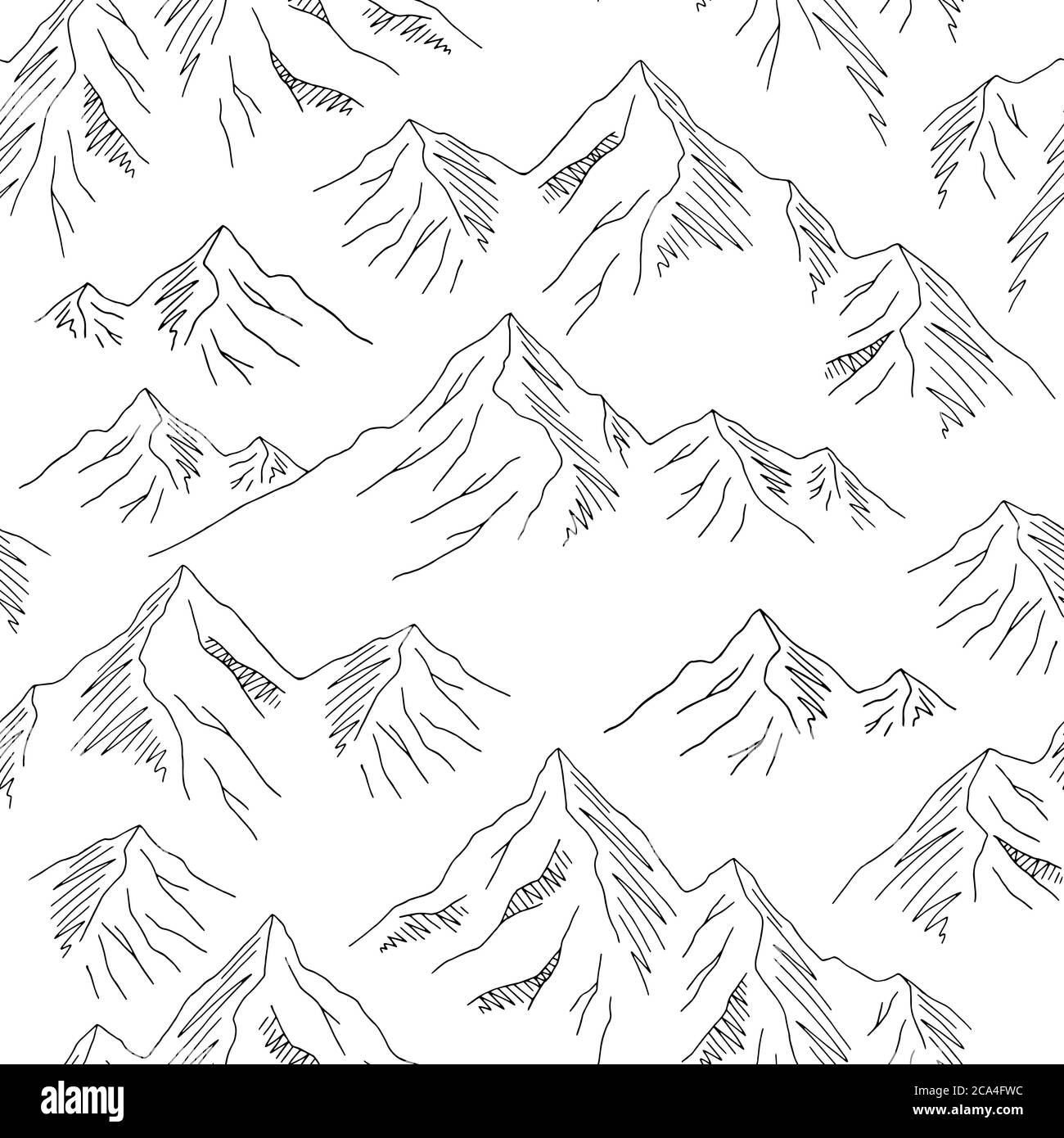 Montagne grafico bianco nero senza giunture motivo orizzontale sfondo illustrazione schizzo vettore Illustrazione Vettoriale