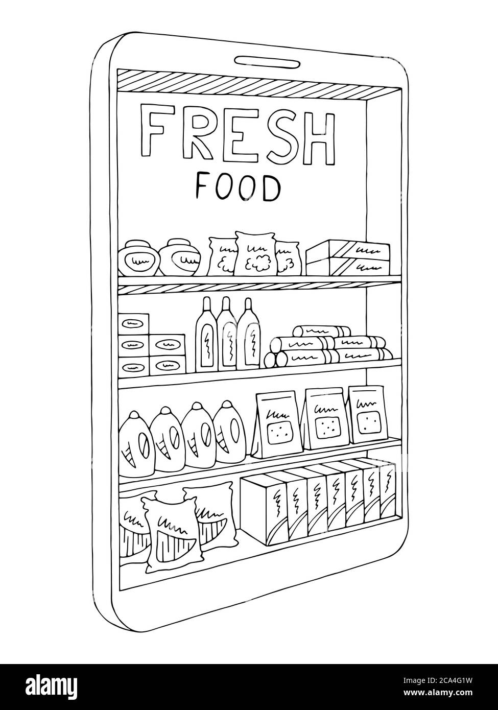 Mobile telefono drogheria scaffali grafico nero bianco isolato illustrazione schizzo vettore Illustrazione Vettoriale