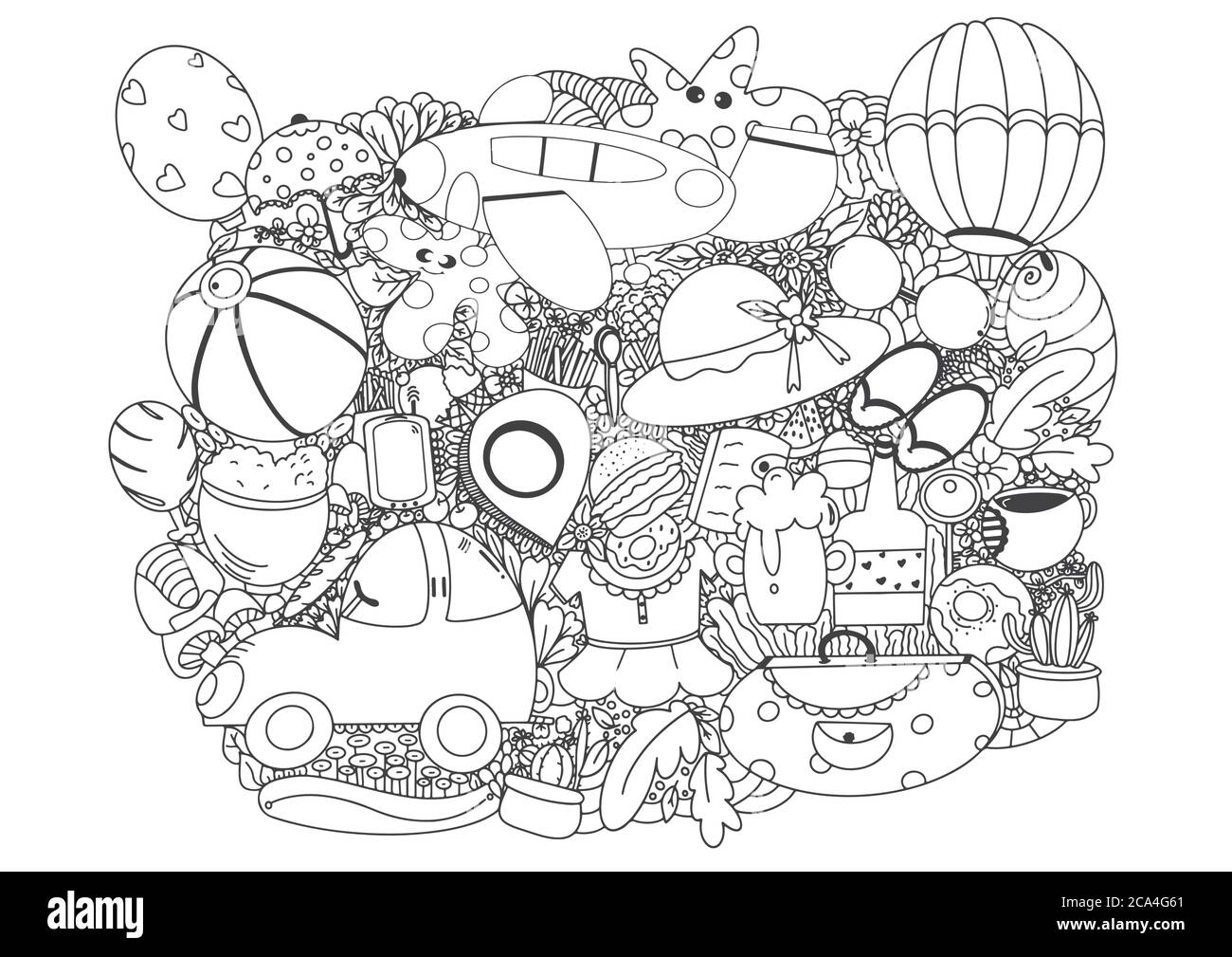 Line art vettoriale doodle disegnate a mano gruppo di cartoni animati del tema di pianificazione del viaggio. illustrator vettore. Illustrazione Vettoriale