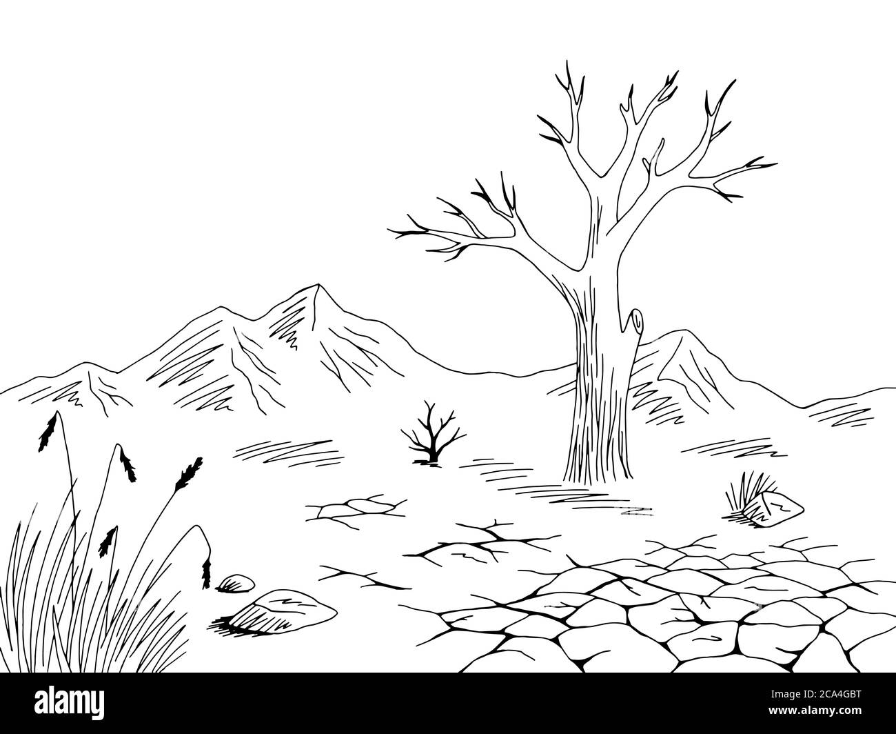 Grafico paesaggio secco nero bianco disegno deserto vettore illustrazione Illustrazione Vettoriale
