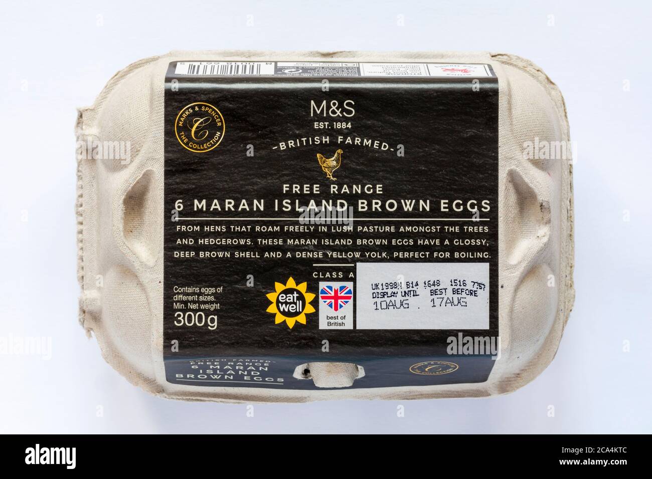 M&S British Farmed Free Range 6 Maran Island uova marroni - da galline che vagano liberamente in un lussureggiante pascolo tra gli alberi e i siepi - scatola di cartone d'uovo Foto Stock
