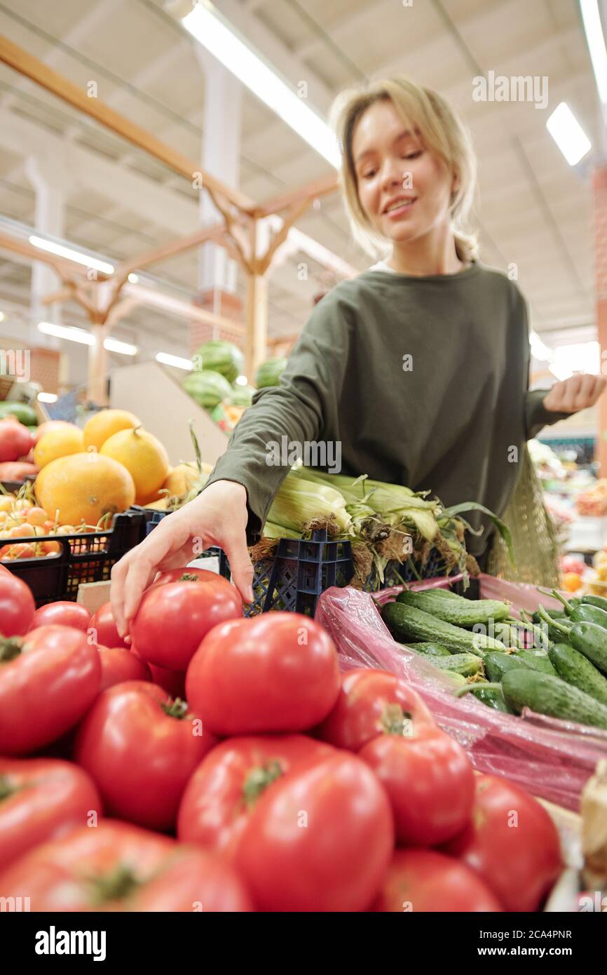 Sotto la vista del soddisfare giovane donna che sceglie i pomodori maturi mentre comprano i prodotti al mercato alimentare Foto Stock