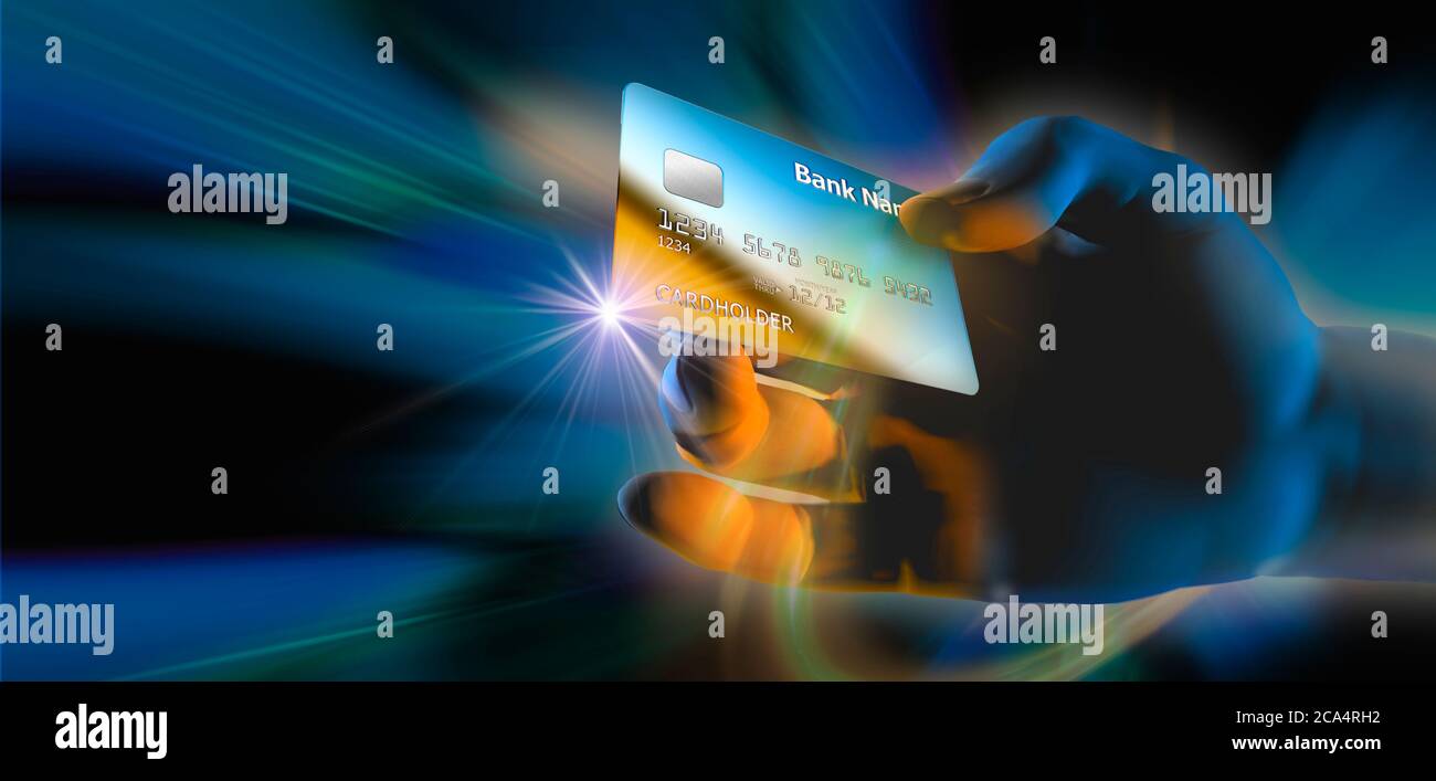 Mano umana che tiene una carta di credito con starburst Foto Stock
