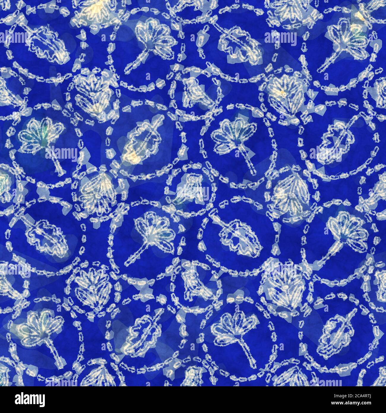 Indaco blu foglie blocco stampa damask tinto texture sfondo. Campione giapponese di ripetizione batik tessuto senza cuciture. Foglie di fogliame organico afflitto Foto Stock