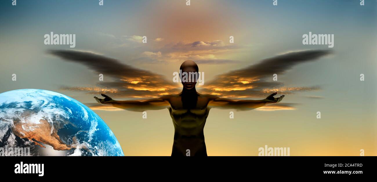 Uomo mistico con ali di nube sulla terra Foto Stock
