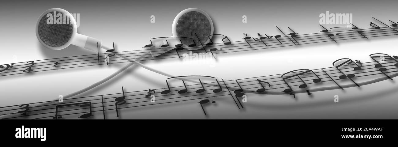 Note musicali sovrapposte agli auricolari Foto Stock