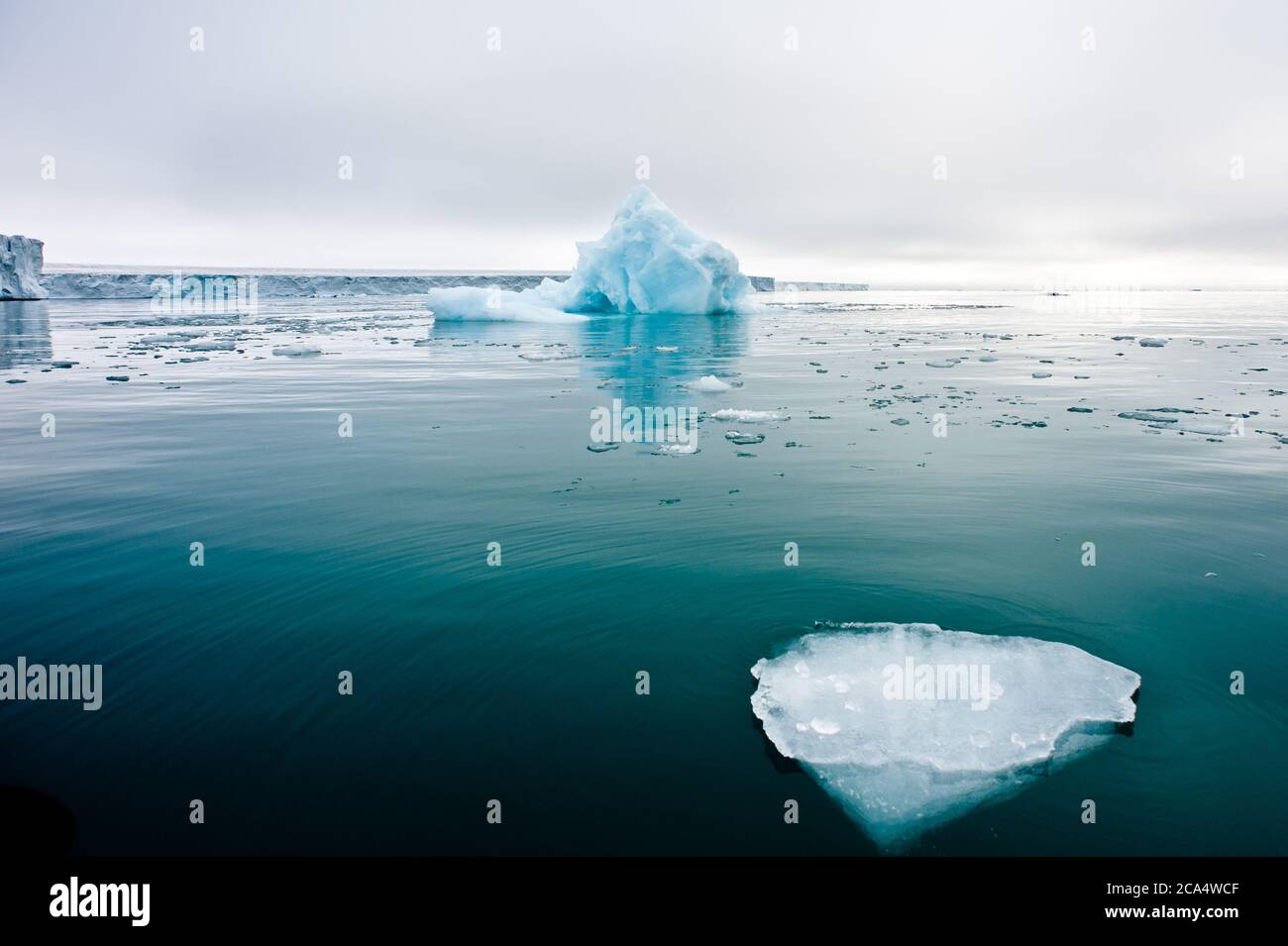 Un'ampia vista ad angolo basso della fusione del ghiaccio marino galleggianti in acque fisse dell'Artico settentrionale con iceberg e parete glaciale in background.Climate Crisis and Break Foto Stock