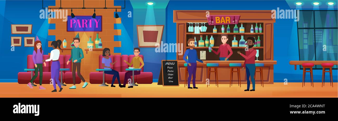 Persone sulla vita notturna divertente bar partito illustrazione vettoriale. Cartoon uomo piatto donna amici personaggi parlando, seduto ai tavoli, ordinare bevande alcoliche dal barman al banco di sfondo nightclub Illustrazione Vettoriale