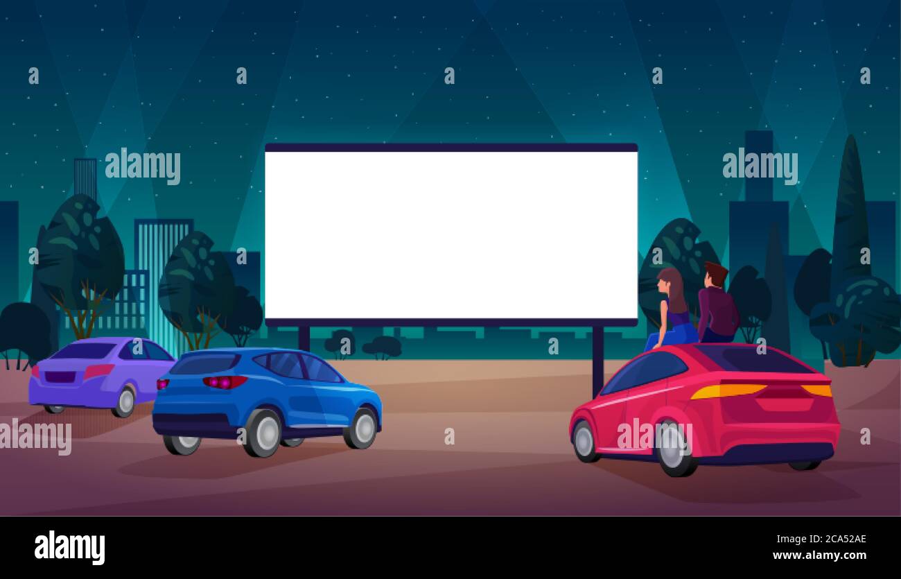 Illustrazione vettoriale del cinema all'aperto. Cartoon coppia piloti personaggi seduti, guardando film a grande vuoto bianco schermo esterno festival auto film di notte Illustrazione Vettoriale