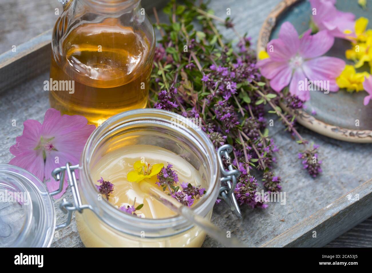 Husten-Oxymel, Hustenoxymel, Oxymel, Honig, Essig, Blüten, Blütenhonig, Blüten-Honig, Wildblumen-Honig, Wildblüten-Honig, Hustenhonig, Husten-Honig. T Foto Stock