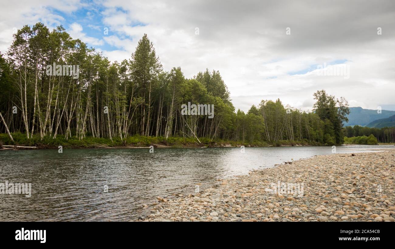 Il fiume Kitimat, con una barra di ghiaia e boschi in un giorno estivo, British Columbia, Canada Foto Stock