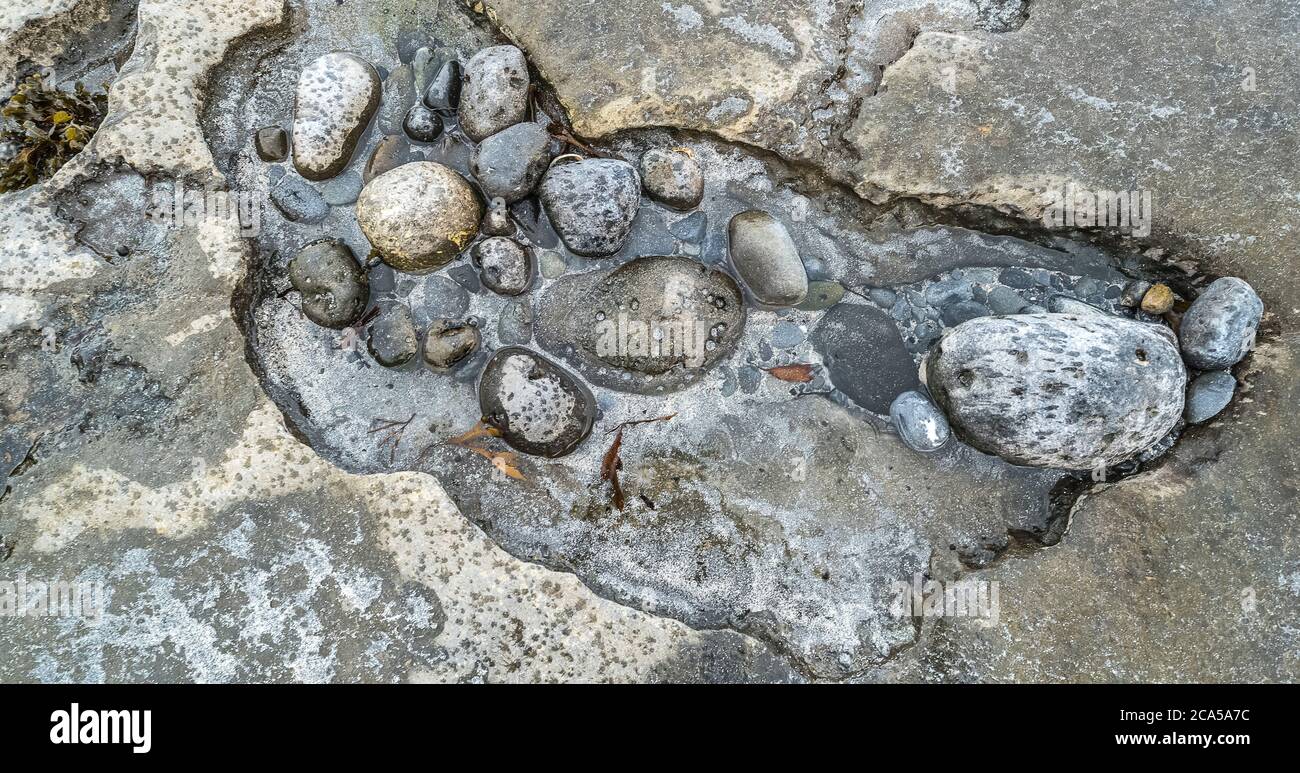Primo piano di rocce costiere bagnate, Burren, County Clare, Irlanda Foto Stock