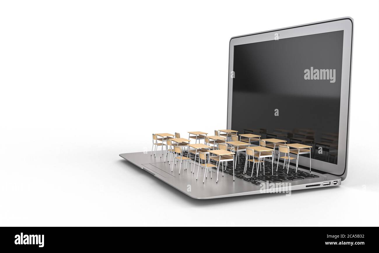 banchi scolastici su una tastiera portatile. concetto di insegnamento a distanza dovuto al virus covid 19 Foto Stock