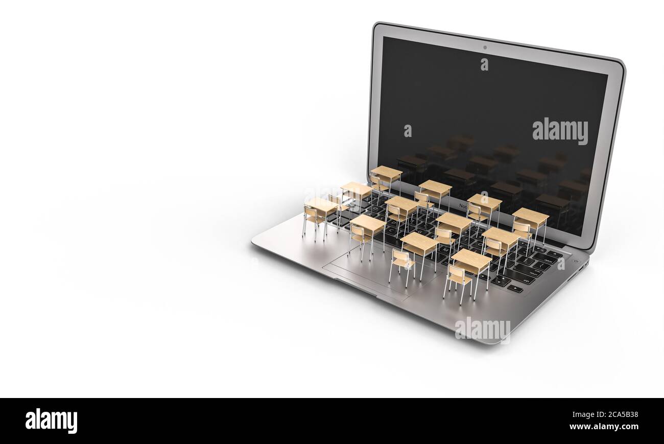 banchi scolastici su una tastiera portatile. concetto di insegnamento a distanza dovuto al virus covid 19 Foto Stock