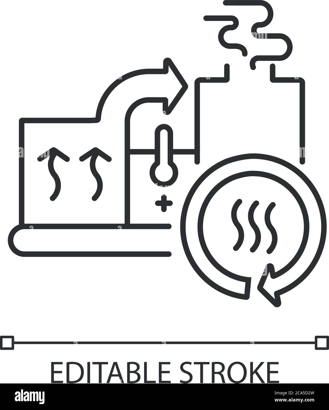 Icona lineare del sistema di recupero del calore. Industria dell'energia sostenibile, illustrazione personalizzabile delle linee sottili di cogenerazione. Simbolo del contorno. Apparecchiature industriali. Illustrazione Vettoriale