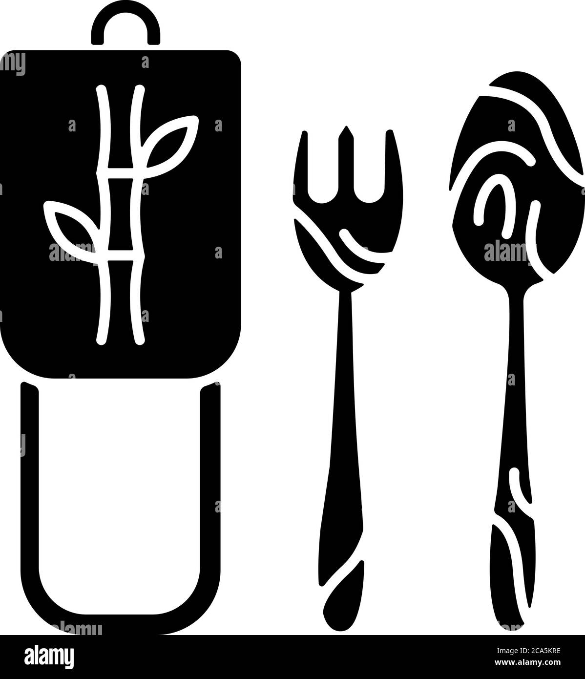 Icona glifo nero delle posate di bambù. Stile di vita ecocompatibile, simbolo della silhouette senza sprechi sullo spazio bianco. Stoviglie in legno fatte a mano, biodegradabili Illustrazione Vettoriale