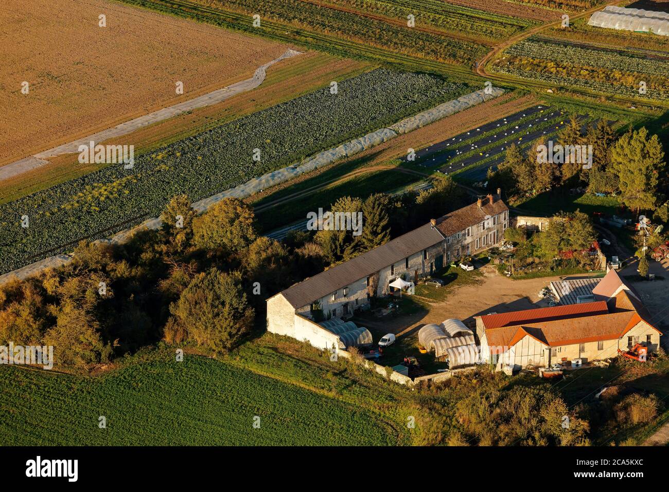 Francia, Yvelines, Les Mureaux, vista aerea al tramonto della città, vista aerea di una zona agricola (vista aerea) Foto Stock
