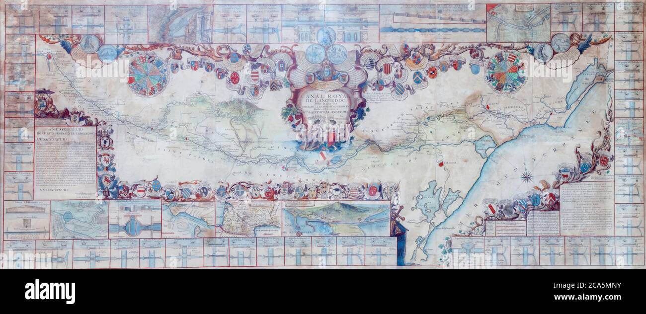 Francia, Aude, Canal du Midi, patrimonio mondiale dell'UNESCO, Pennautier,  vecchia mappa della pianta dei canali al tempo di Luigi IV Foto stock -  Alamy