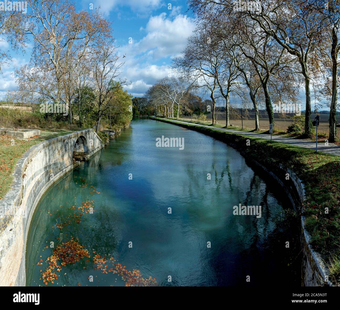 Francia, Aude, Canal du Midi, patrimonio mondiale dell'UNESCO, Labastide d'Anjou, le Segala, vista sul canale Foto Stock